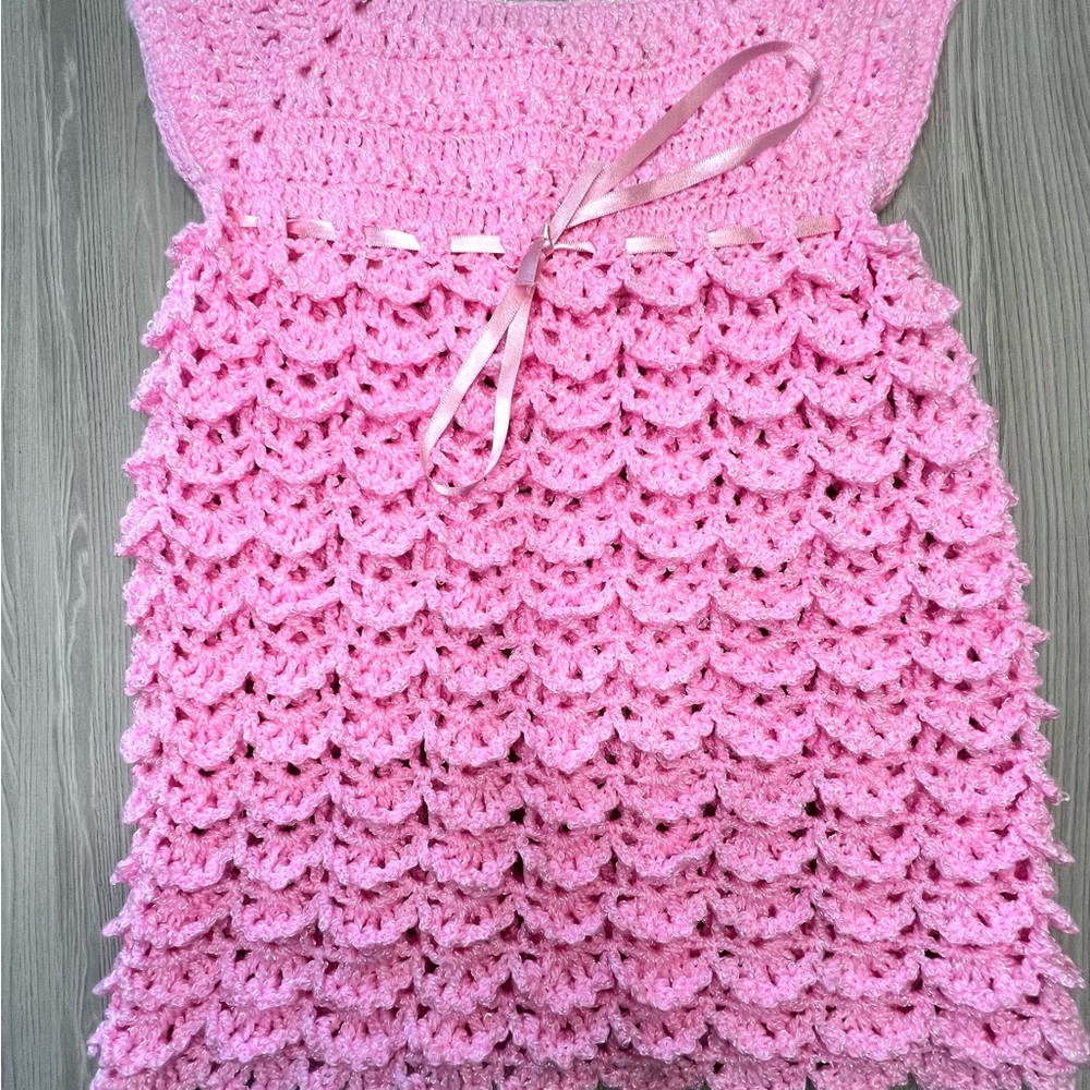 Handmade Crochet Baby Girl Dress Pink Layered Shell Stitch Ruffle Infant 6-12 M